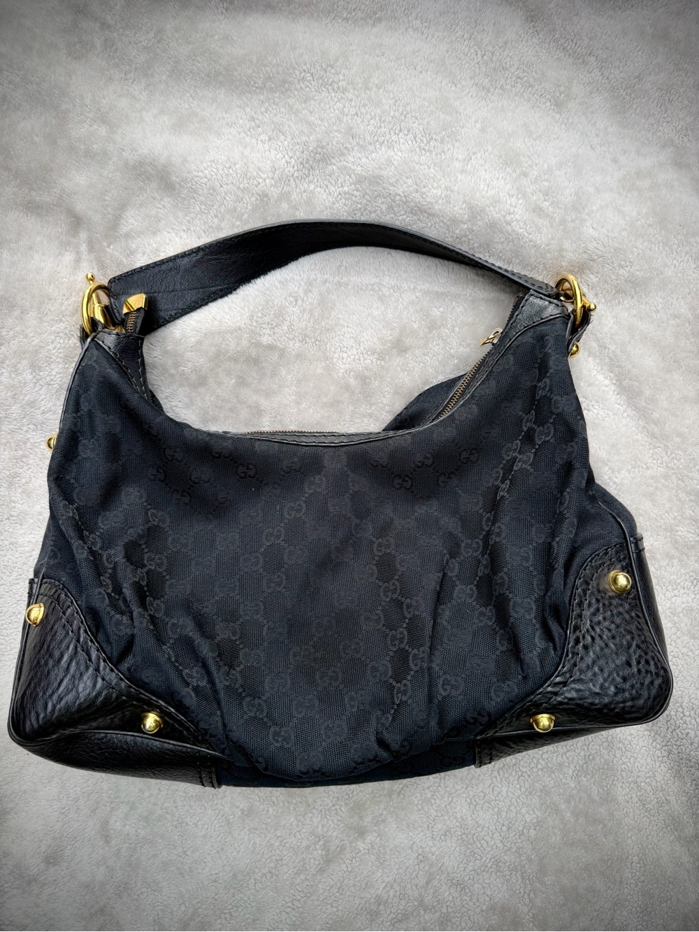 GUCCI Jockey Hobo Shoulder Bag Black GG Canvas Leather Gold Hardware 211966